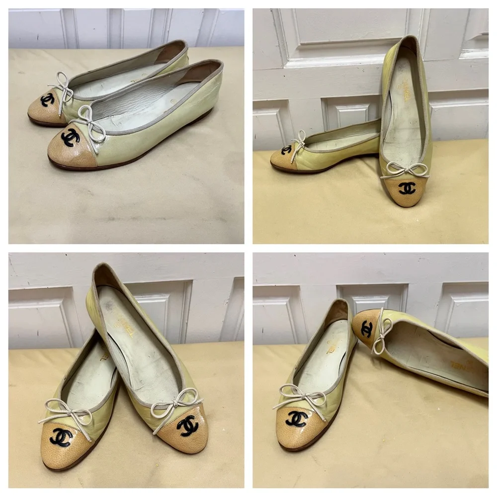 CHANEL Two-Tone Yellow and Beige Cap-Toe Ballet Flats with Black Logo